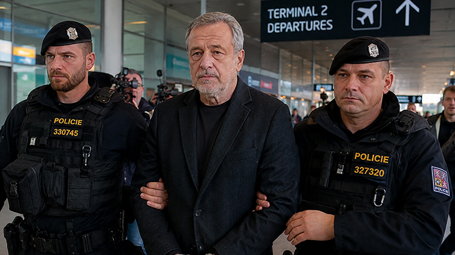 Jan Kraus v doprovodu policie na letišti